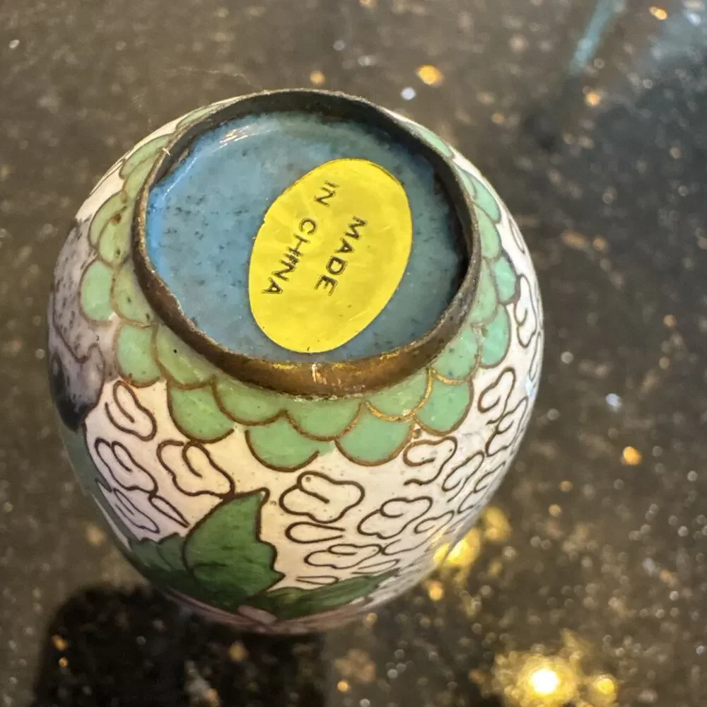 VTG Chinese Cloisonné Floral Bird Enamel Brass Mini Vase White Purple Yellow